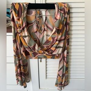 Olivaliceous Cropped Stretchy Mesh Top With Flared Sleeves - Size Medium